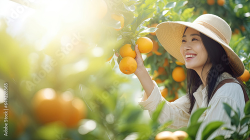 Asian farm women happily picking the harvest of oranges.