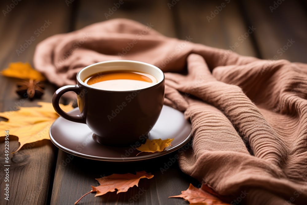 Autumn, falling leaves, a cup of hot coffee - obrazy, fototapety, plakaty 