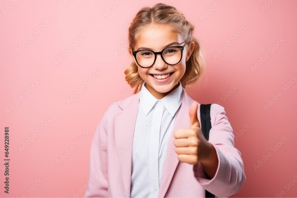 smiling schoolgirl wearing school uniform show thumb up fingers on pink background. Back to school