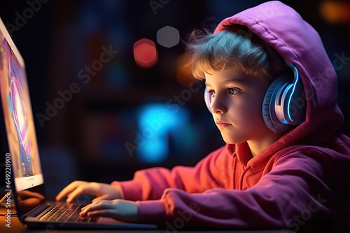 Young Genius of the Virtual Realm Clever Little Kid Gamer in the Digital Wonderland. created with Generative AI
