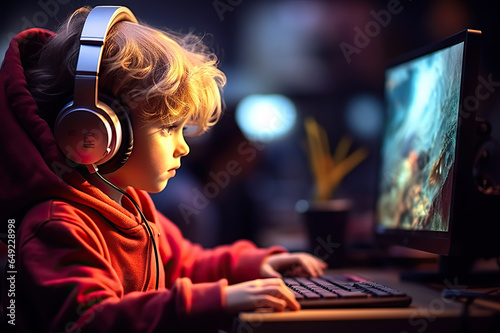 Young Genius of the Virtual Realm Clever Little Kid Gamer in the Digital Wonderland. created with Generative AI