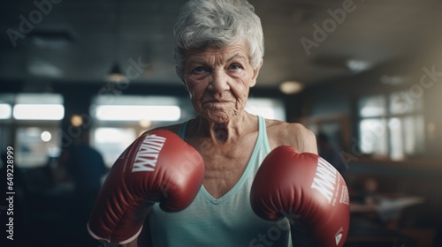 Elderly senior woman wearing red boxing gloves © Tori
