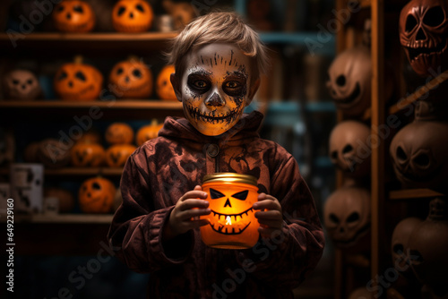 cute kid with creepy face paint holding trick or treat jar as a part of halloween event.
