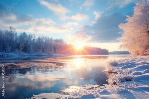 winter snowy landscape by lake at sunset
