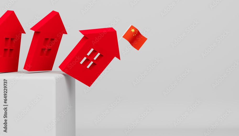 Symbol of red houses with the China flag falling down.Real estate market recession. The housing market dropped and the dominos fell down. 3D render illustration. Symbol of red houses with the China flag falling down.Real estate market recession. The housing market dropped and the dominos fell down. 3D render illustration.