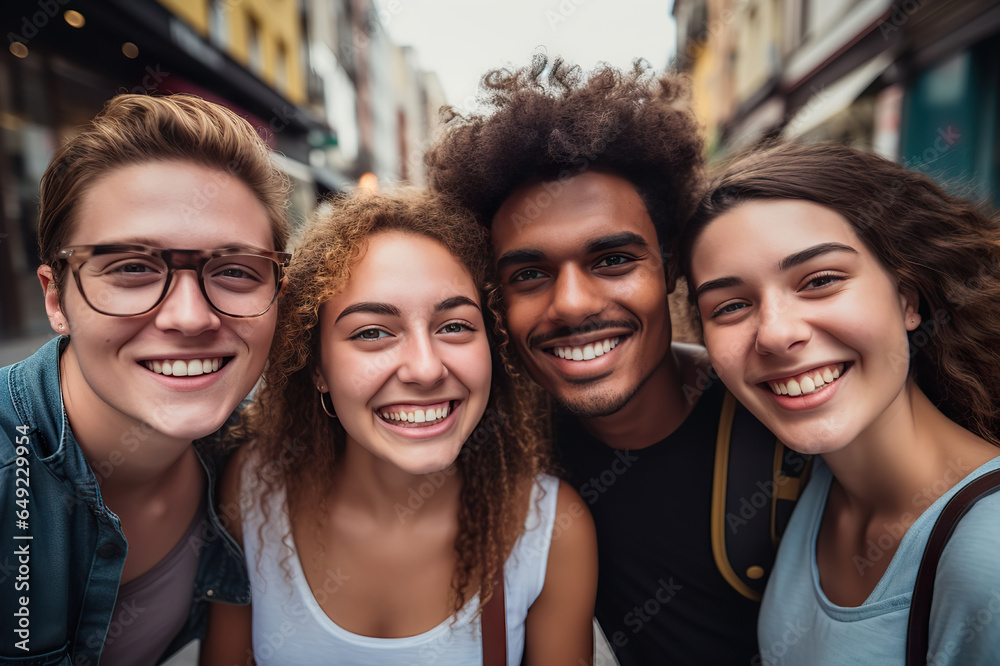 Fototapeta premium Diverse Friendships Bloom Celebrating Unity - Young Multiracial Friends Radiate Joy in an Urban Adventure. created with Generative AI