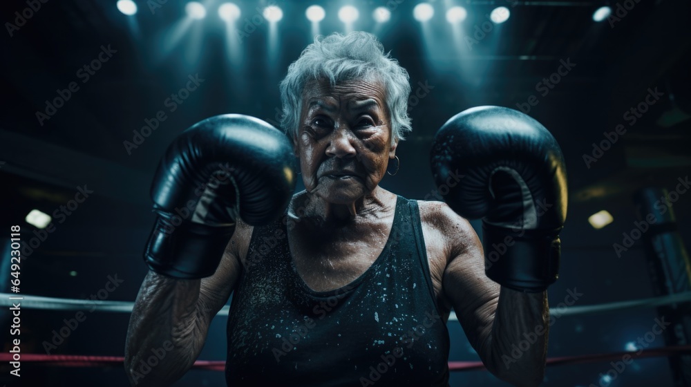 Elderly Asian woman in  boxing gloves, ready to fight. - obrazy, fototapety, plakaty 