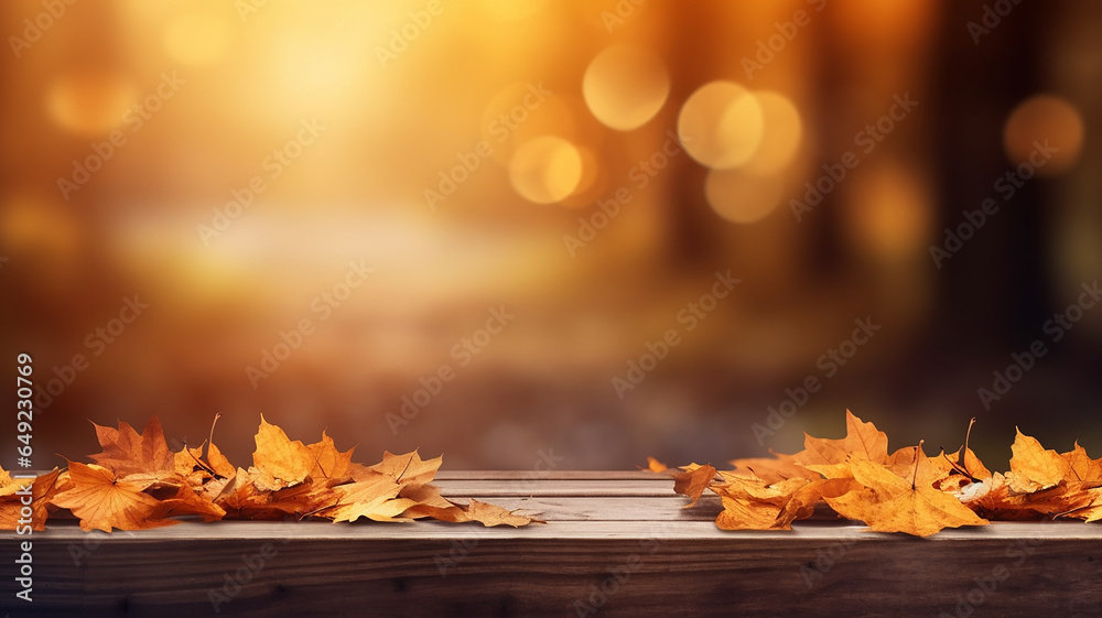 Fallen dry orange leaves on wooden boards against the backdrop of a blurry autumn park. - obrazy, fototapety, plakaty 