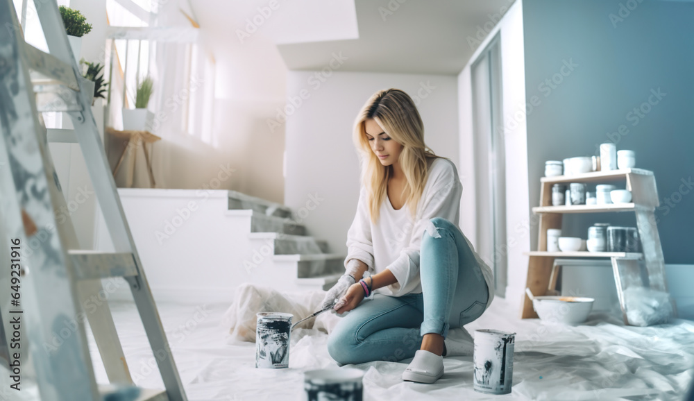 Girl Sits on the Floor in the Flat with a Paint Roller. Renovation. young Woman making Repair in a new apartment. Girl Sits on the Floor in the Flat with a Paint Roller. Renovation. young Woman making Repair in a new apartment.