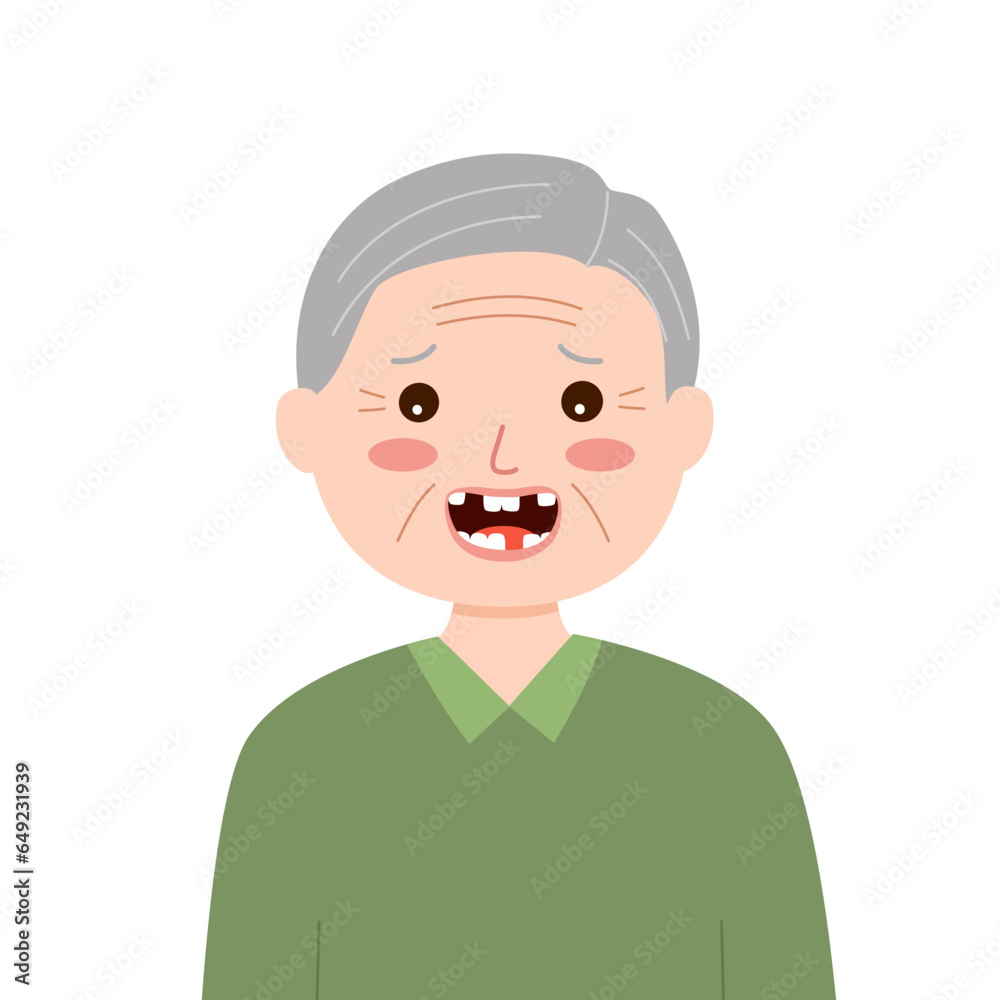 Senior man with missing teeth in flat design on white background. Guy loss his tooth.