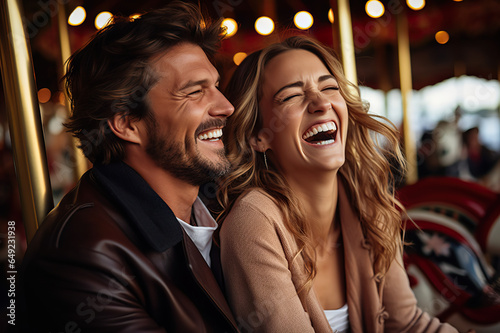 Joyful Moments on the Carousel Beautiful Happy Couple Laughing at Luna Park. created with Generative AI © photobuay