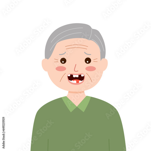 Senior man with missing teeth in flat design on white background. Guy loss his tooth.