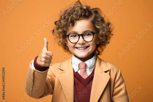 smiling schoolboy wearing school uniform show thumb up finger on orange background. Back to school