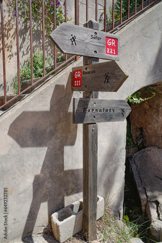 Port de Soller - 12 June, 2023: Signpost on the GR221 hiking trail in the Tramuntana mountains, Mallorca photo