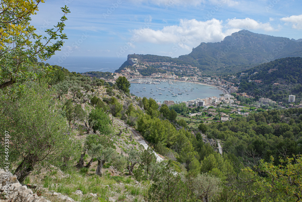 Mallorca, Spain - 12 June, 2023: Views of Port de Soller from the GR221 hiking trail and the Tramuntana Mountains, Mallorca