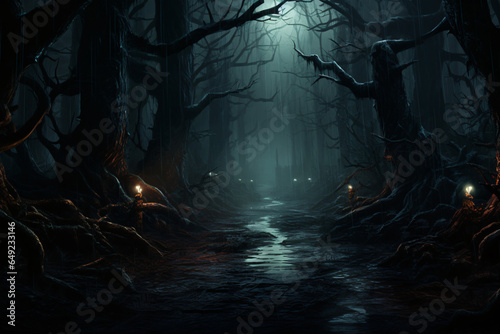 Illustration of a misty forest path with gnarled trees and glowing eyes peering from the darkness, evoking a spine - chilling journey into the unknown.Generative Ai