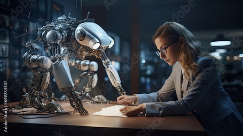 Female engineer examines robot's AI mechanism, searching for a solution. Using a laptop at an industrial technology factory