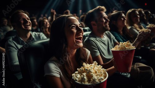 Amigos viendo películas en el cine y riendo. Grupo de personas en teatro con palomitas y bebidas.Ia generado.