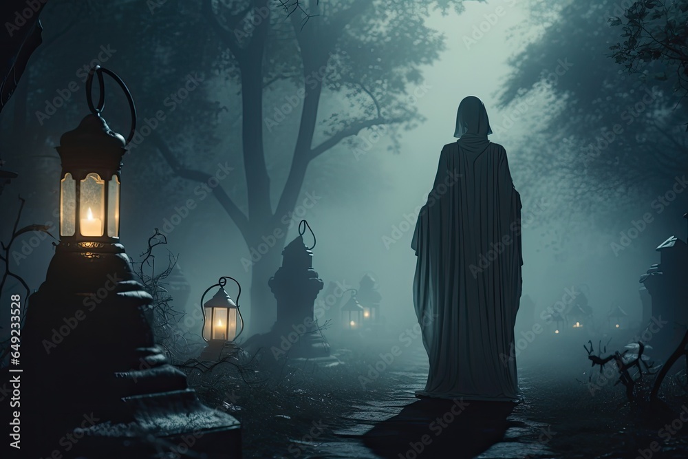 halloween scene. figure in cloak in graveyard