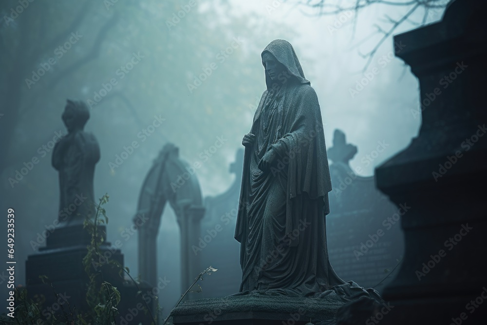 halloween scene. figure in cloak in graveyard