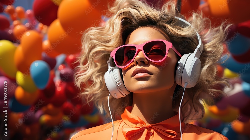 Modern girl in sunglasses with white headphones lisens to the music with Colorful ballons background