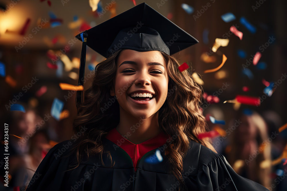 Obraz premium Triumphant Moments Celebrating Graduation, Joyful Schoolgirl Embracing Success on Graduation Day. created with Generative AI