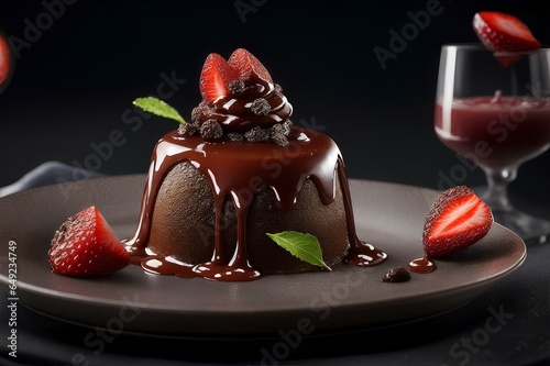 Birthday cake very delicious with fruits on the top, sweet tart cheese cake with cream, chocolate mousse with sauce on the table.