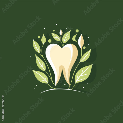 Dental wellness filled colorful logo. Holistic health. Plant based. Molar tooth and leaves. Design element. Created with artificial intelligence. Ai art for corporate branding, herbal toothpaste