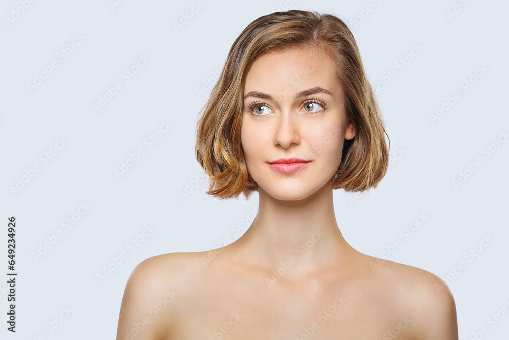Woman smiling while touching her flawless glowy skin with copy space for your advertisement, skincare Woman smiling while touching her flawless glowy skin with copy space for your advertisement, skincare
