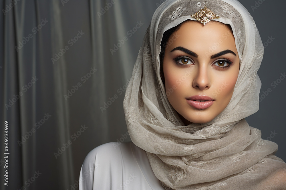 Studio portrait of beautifil arab woma in head scarf hijab on different colours background Studio portrait of beautifil arab woma in head scarf hijab on different colours background