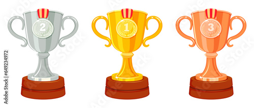 Winners cups with medals. Prizes for first second and third places. Gold, silver and bronze champion awards