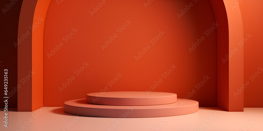 Minimalistic modern mock up background with a podium pedestal for products, bright orange apricot color Minimalistic modern mock up background with a podium pedestal for products, bright orange apricot color