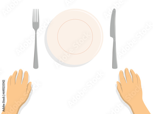 Plate, fork, knife and hands. Served table, top view. Vector illustration isolated on a white background