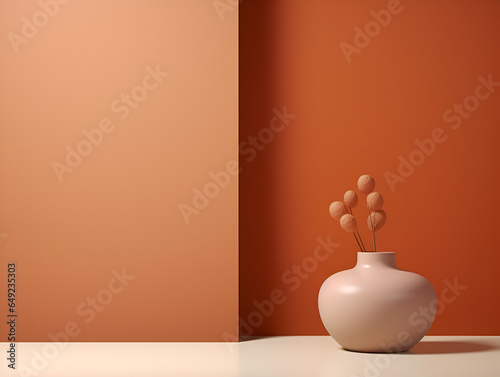 Table mock up space with a vase and flowers on orange background wall, copy space and product presentation concept