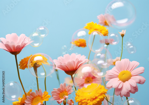 Floral plant creative concept, flowers bubble and smoke explosion, mist of delicate colors on pastel autumn color background. Romantic decoration, copy space layout for text. Fall or spring creative.