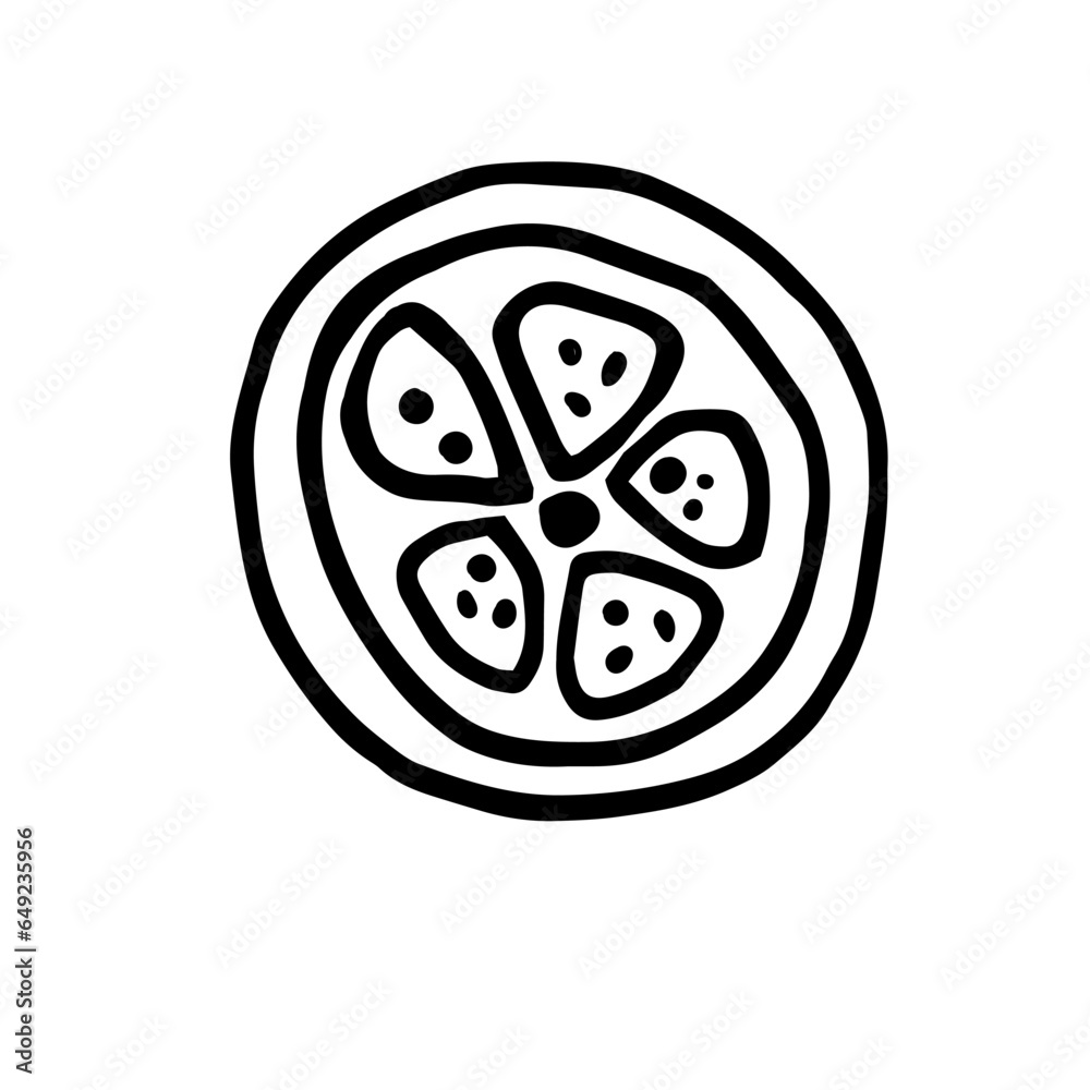 Single hand-drawn lemon slice. Doodle vector illustration. Cute element for greeting cards, posters, stickers, and summer-themed design. Isolated on a white background.