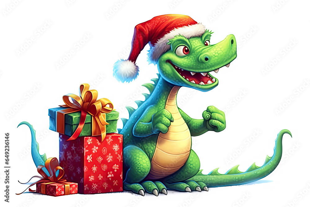 Naklejka premium Cute cartoon character green dragon in red Santa Claus hat with gifts in boxes. Greeting card for new year 2024 on white isolated background. Generative AI illustration