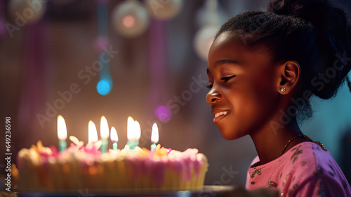 African Girl Making Birthday Wish and Blowing Out Candles. Generative AI.