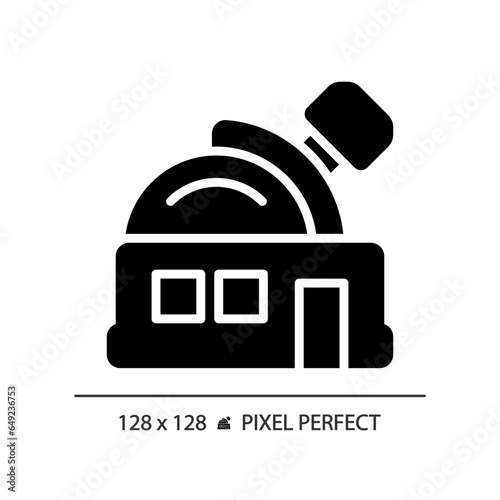 Observatory pixel perfect black glyph icon. Research facility. Space exploration. Astronomy education. Night sky. Silhouette symbol on white space. Solid pictogram. Vector isolated illustration