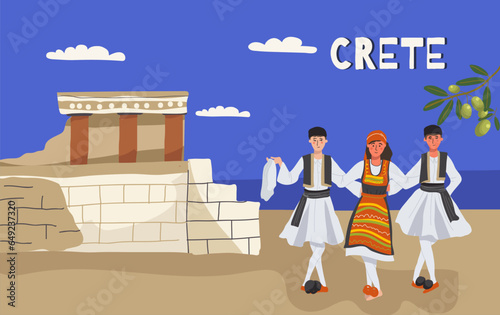 Vector illustration of hand drawn landmarks, attractions and symbols of Greece in doodle style. Characters people dance sirtaki. Tourism, travel.