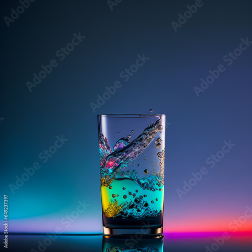 A colorful glass of water in a light-dark blue background.