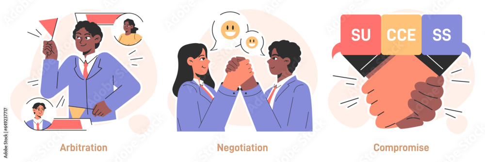 Fototapeta premium Conflict management set. Character with conflict resolution skill. Person