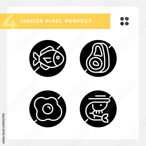 Pixel perfect glyph style icons set representing allergen free, simple silhouette illustration.