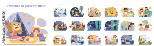Children emotions set. Little kids expressing difficult human emotions.