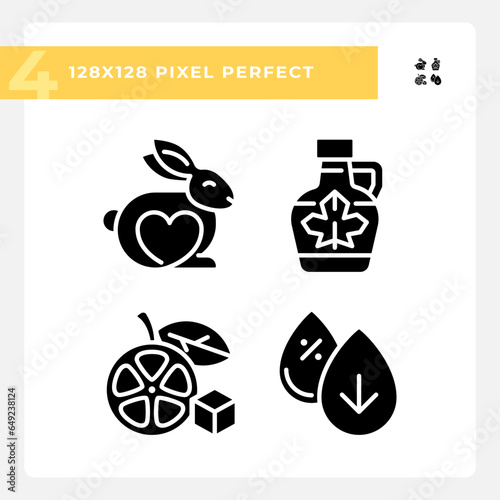 Pixel perfect glyph style simple icons collection representing allergen free, simple silhouette illustration.