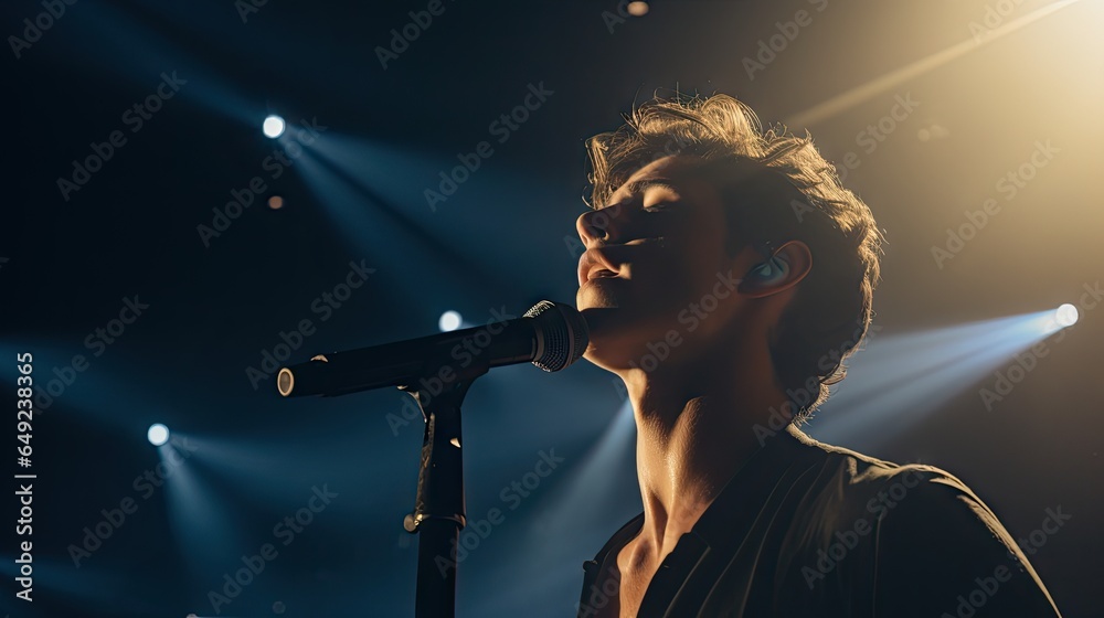 Handsome young male singer holds a microphone stand and performs on a concert stage. - obrazy, fototapety, plakaty 