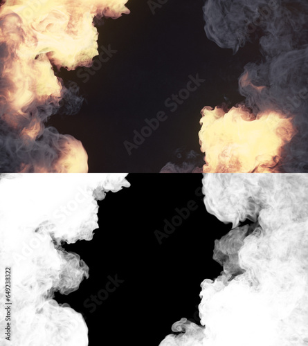 Close up explosions with dark smoke trails. Abstract background with alpha channel. 3d rendering digital illustration photo