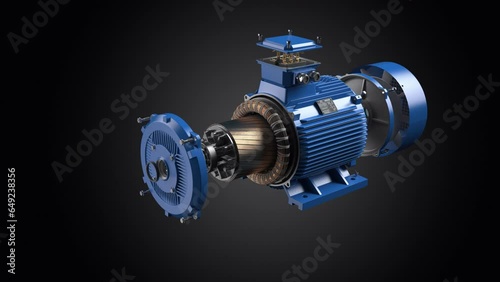 Electric motor parts and structure in a motion on black background.