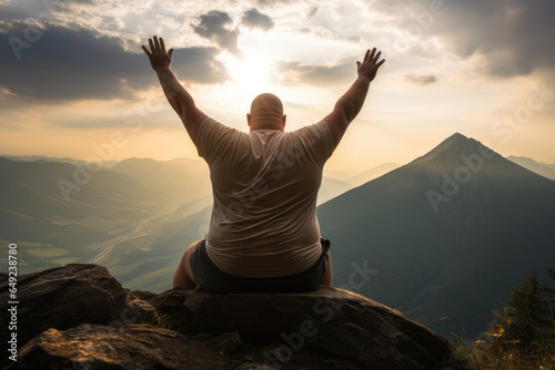 overweight happy man sitting on a cliff on mountain landscape