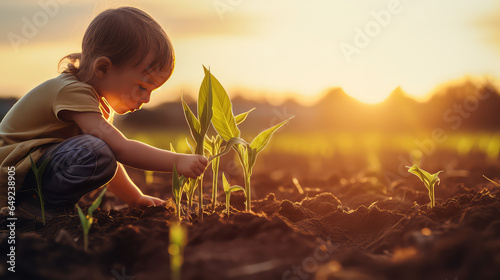 A child squats in a field and plants a corn sprout in the ground. Sunny day, child gardener helps on farming. 